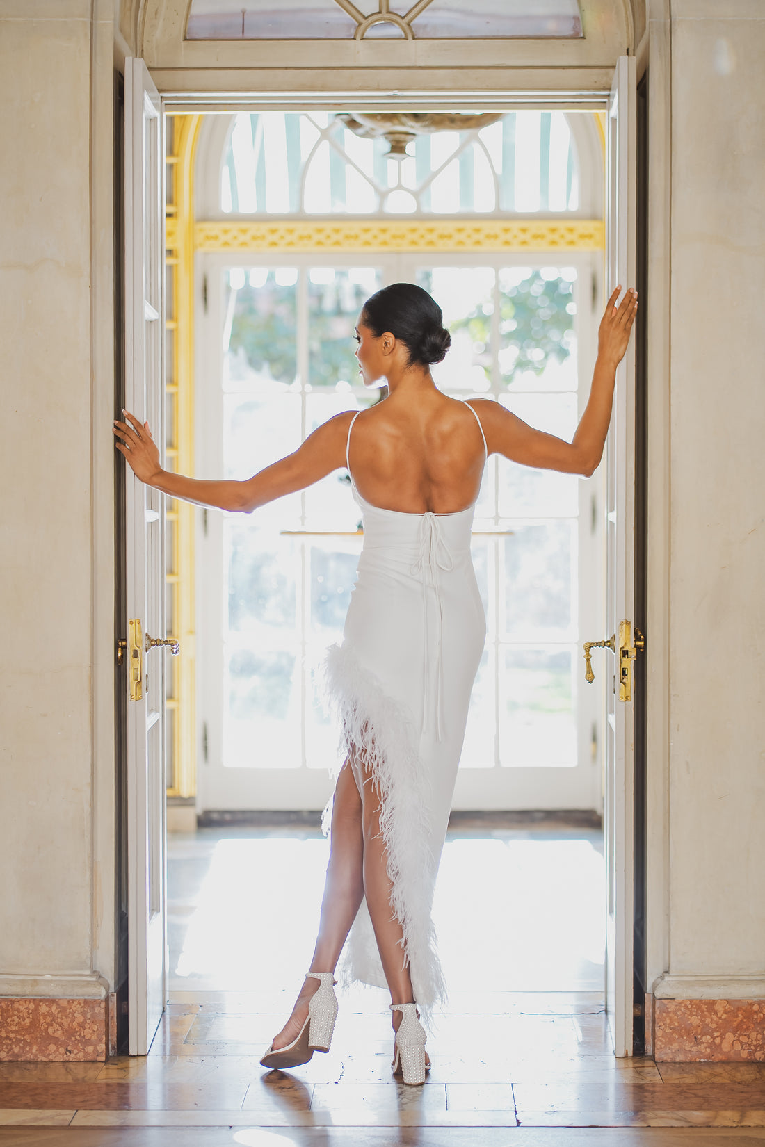 Feather Trimmed Asymmetric Crepe Dress