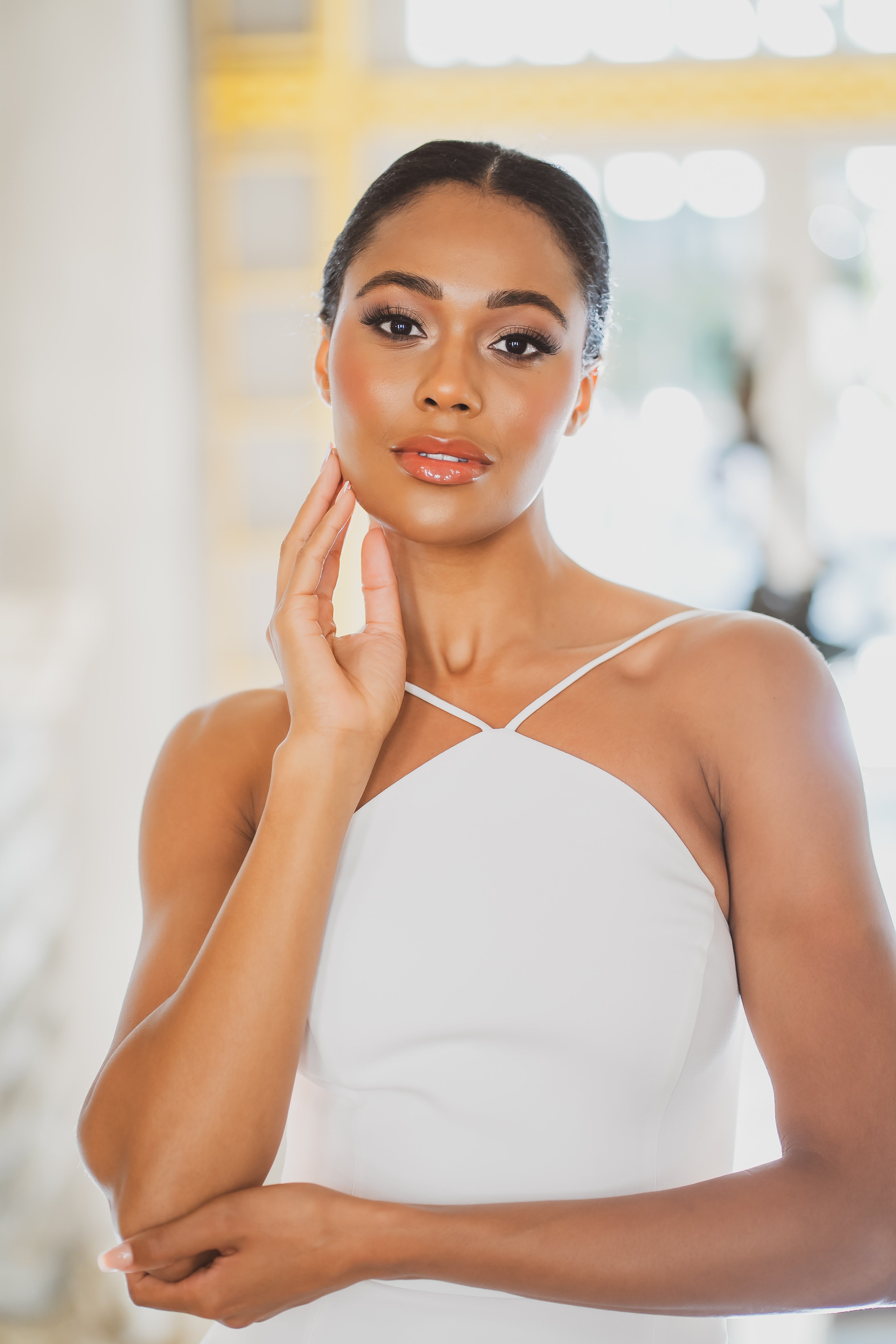 Feather Trimmed Asymmetric Crepe Dress