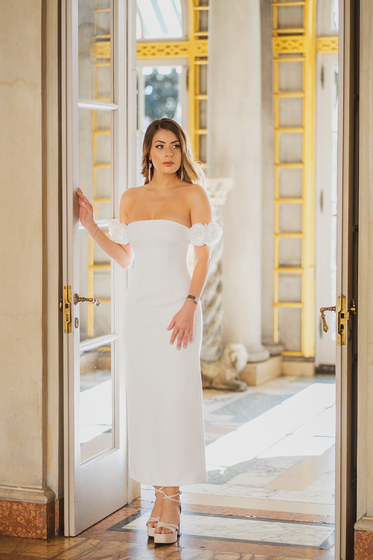 Crepe Midi Dress With Handmade Flowers – Nazemi Bridal