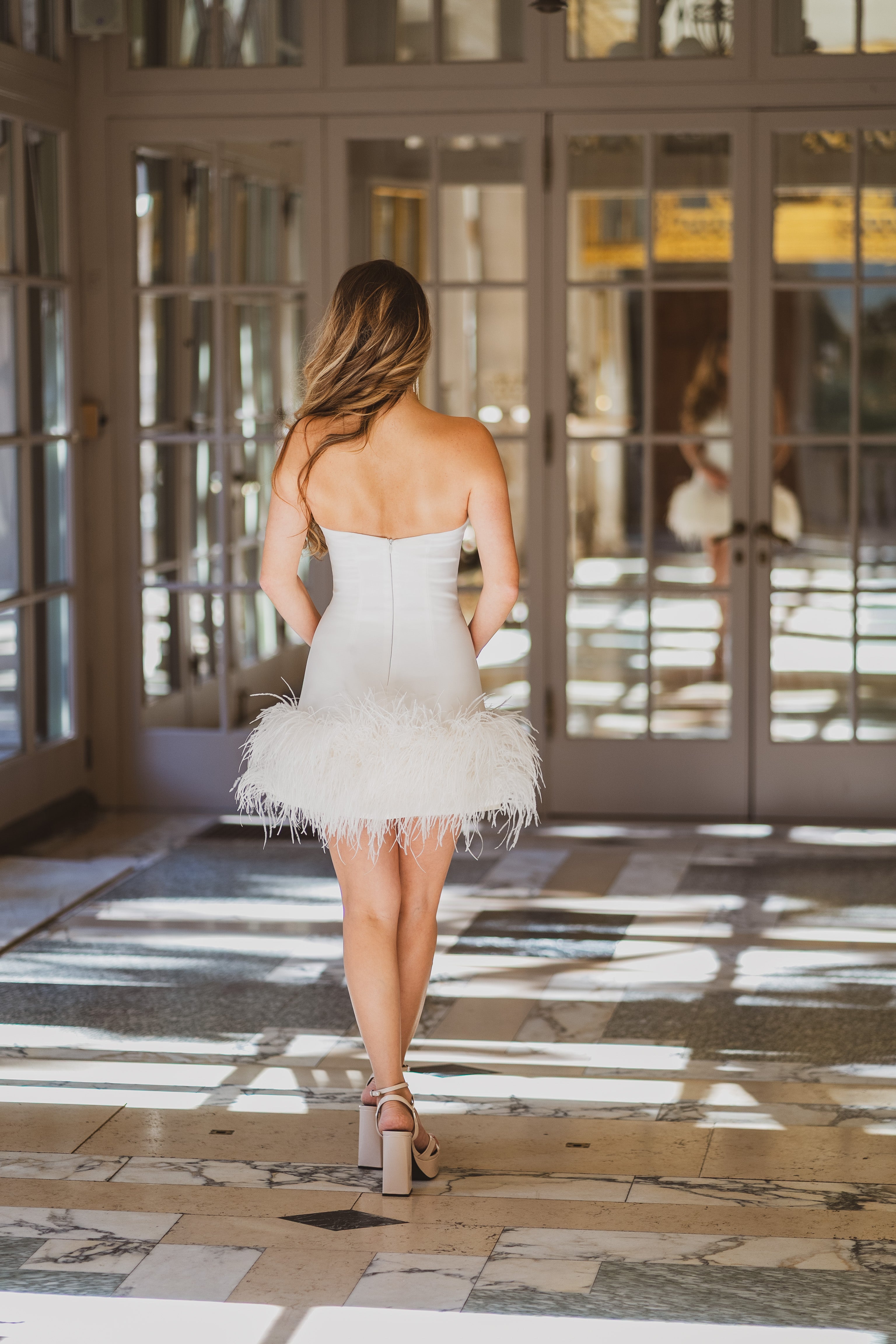 Feather Trimmed Crepe Mini Dress