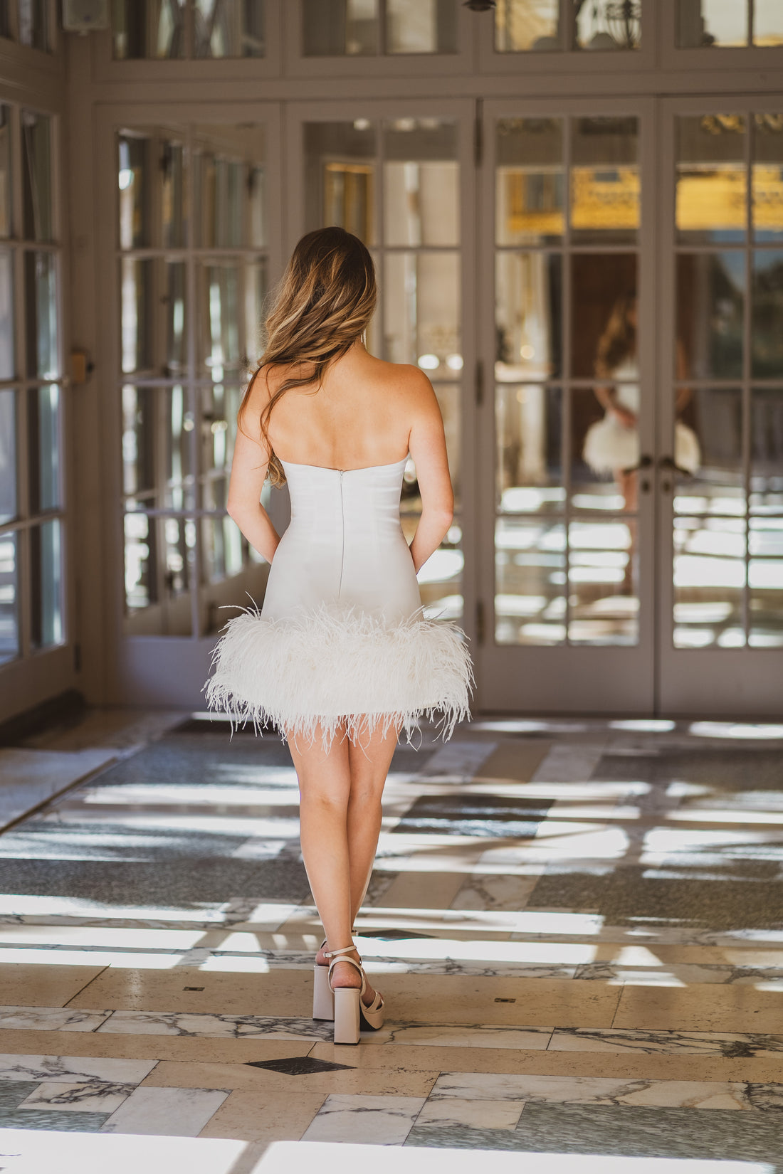 Feather Trimmed Crepe Mini Dress
