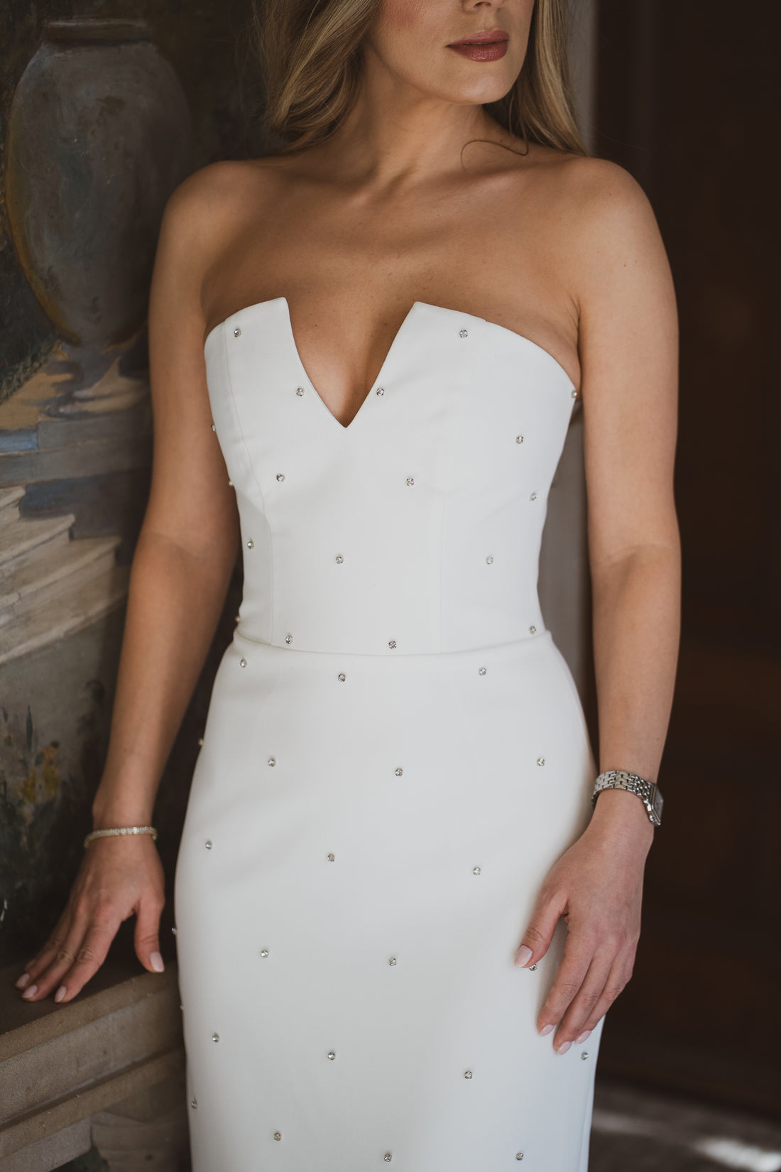 Crystal Embellished Strapless Crepe Dress